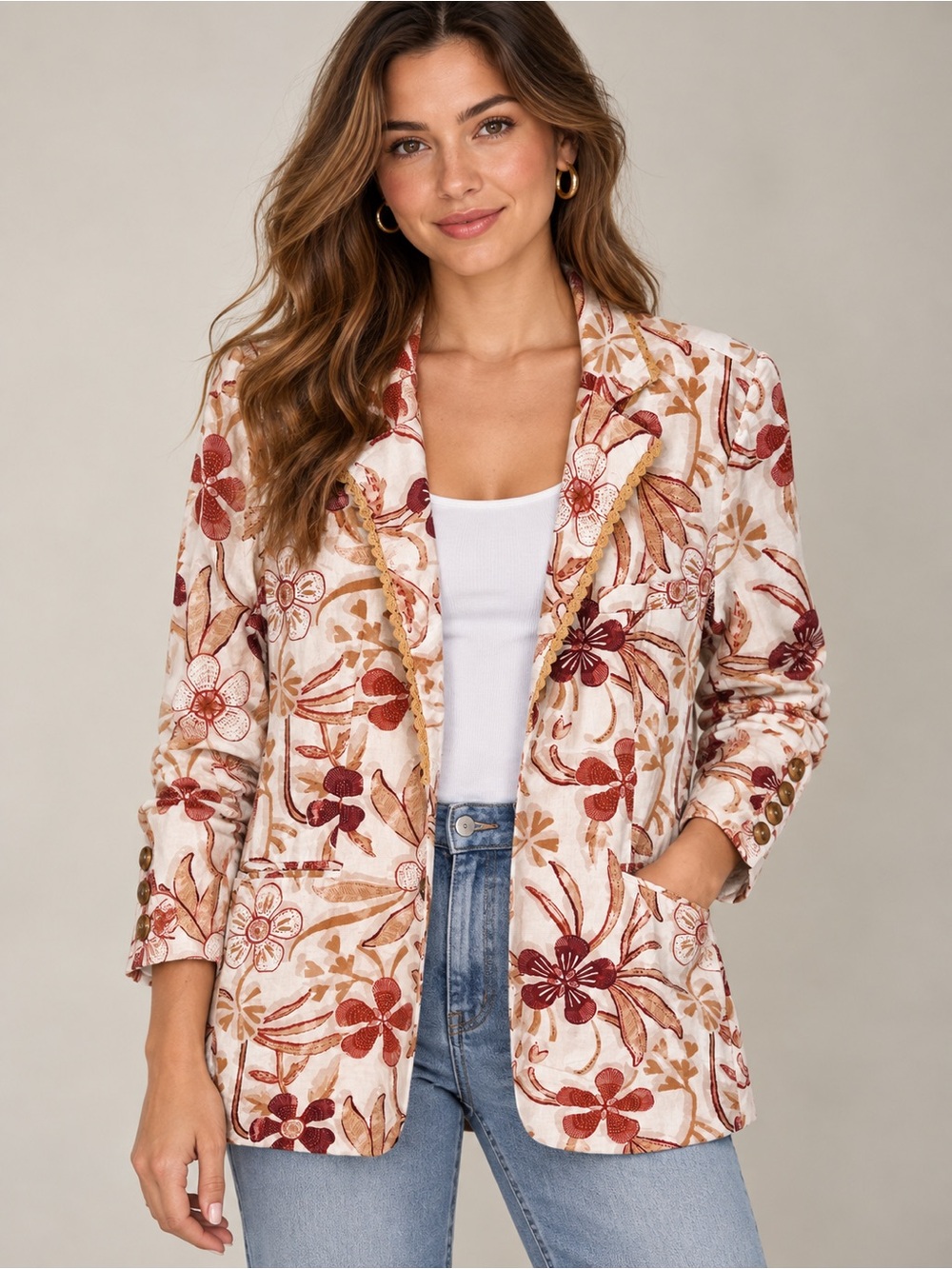 Sam Edelman Floral Linen Blend Blazer Jacket Women’s Large L Boho Botanical